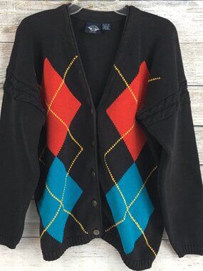VTG 90s Argyle Cardigan Sweater Grandpa Chunky Oversized Women's PM